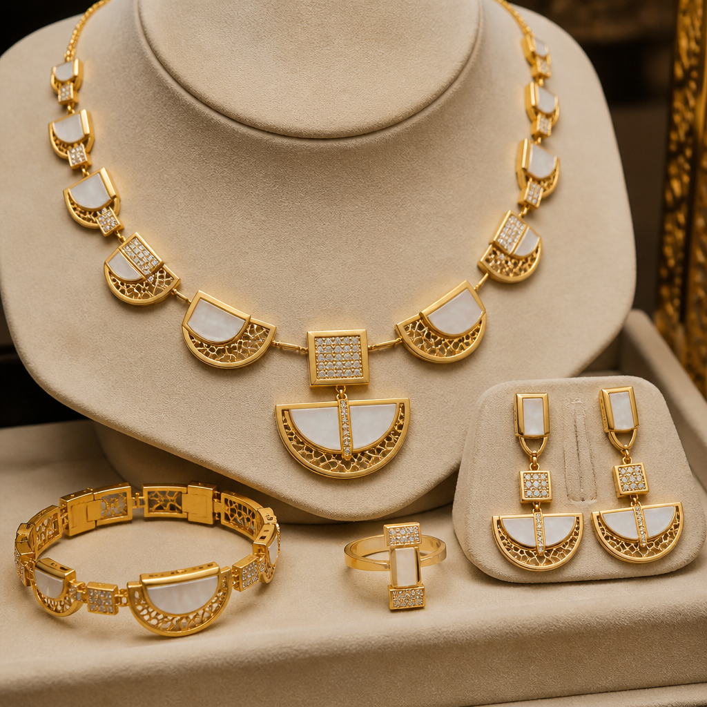 Prompt: A luxurious 21k yellow gold full jewelry set including a necklace, bracelet, ring, and earrings. The design features a modern geometric concept combining sharp geometric shapes with elegant semicircles. Embedded with brilliant, clean white ornamental gemstones and delicate white jade. Premium craftsmanship, warm rich gold tone, displayed on a minimalist beige velvet bust, professional jewelry photography, macro shot, soft studio lighting, high-end catalog style, 8k resolution. --ar 4:3 --v 6.0
photorealistic jewelry design, Prompt: A luxurious 21k yellow gold full jewelry set including a necklace, bracelet, ring, and earrings. The design features a modern geometric concept combining sharp geometric shapes with elegant semicircles. Embedded with brilliant, clean white ornamental gemstones and delicate white jade. Premium craftsmanship, warm rich gold tone, displayed on a minimalist beige velvet bust, professional jewelry photography, macro shot, soft studio lighting, high-end catalog style, 8k resolution. --ar 4:3 --v 6.0, african style, just the design no text