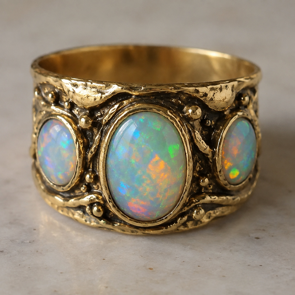 vintage wide band antiqued gold womens ring with 3 australian opals
photorealistic jewelry design, vintage wide band antiqued gold womens ring with 3 australian opals, just the design no text