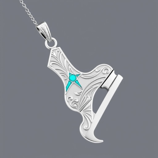 Silver Pendant shape one ice skate with turquoise stripe inside the low thin part blade