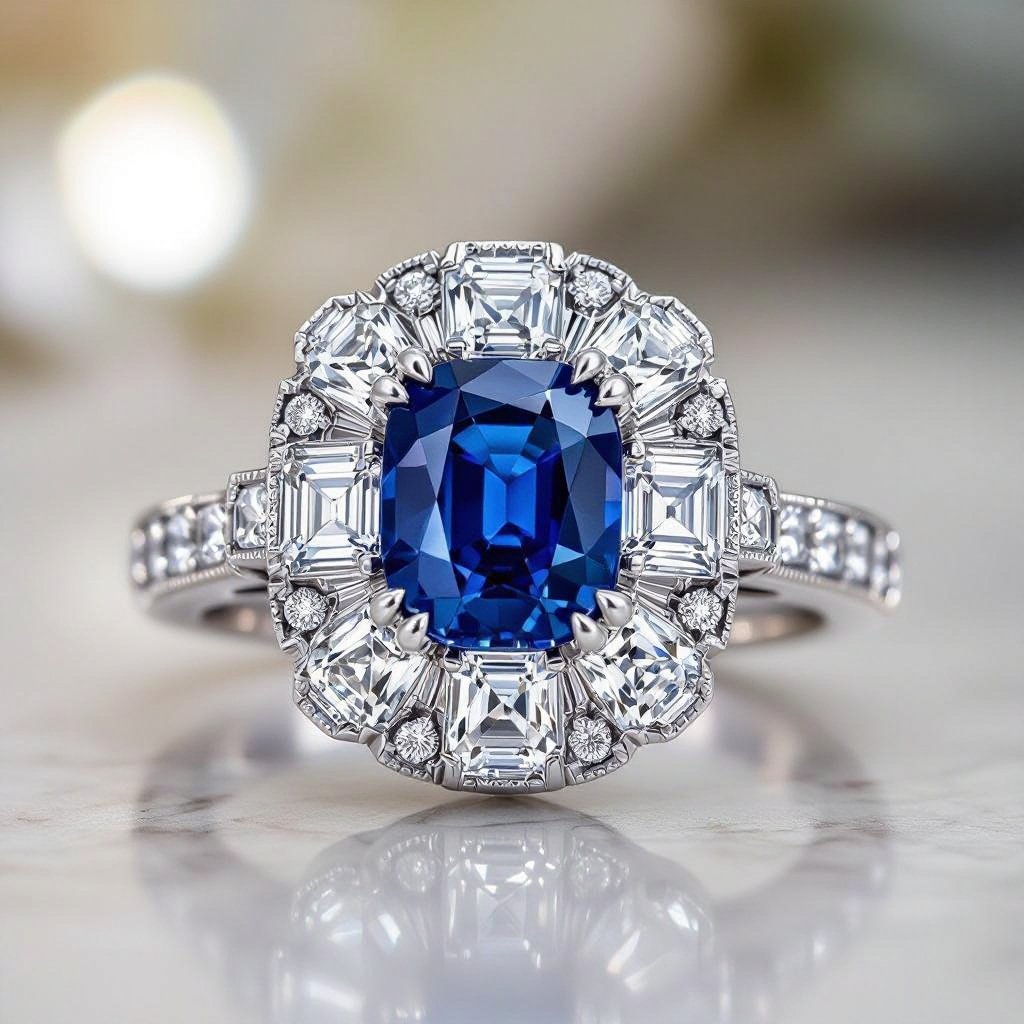 Art Deco “Flip-Halo” ring, never-before-seen lenticular halo. Center: square-cushion vivid blue sapphire (2.5–4.5 ct), medium crown. Double concentric halos made of thin louver blades: • odd blades set with French-cut sapphires, each tilted +15° toward viewer; • even blades set with carré-cut diamonds, each tilted −15° inward; Head-on view reads as a continuous blue band; at ~25–30° diamonds flare into a dotted radial corona (flip effect). Platinum (or 18K white, nickel-free) stepped geometric bezel (3 tiers) with fine milgrain; outer frame of seamless calibré-cut sapphires (square-cushion outline, keystone corners). Pierced “skyscraper” gallery, single hidden baguette accent (tsavorite or pink sapphire). Shoulders with triple Deco buttress, V-notch; EU size 54 (Ø ≈ 17.2 mm). Lighting: museum softbox 4500–5000K, clean caustics, controlled speculars, realistic diamond dispersion; shallow DOF; neutral dark velvet background; luxury editorial style. Negative: no baguette-panel halo, no round corner diamonds, no filigree lace, no logos/watermarks, no cartoonish look, no over-HDR bloom. Aspect ratio: 7:5 landscape, 8k photorealistic PBR ray-traced macro.