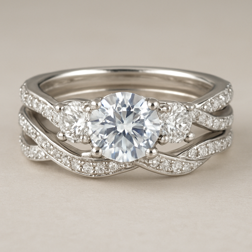 Elegant 4 carat tw 3 stone engagement ring with twisted pave band with matching wedding band