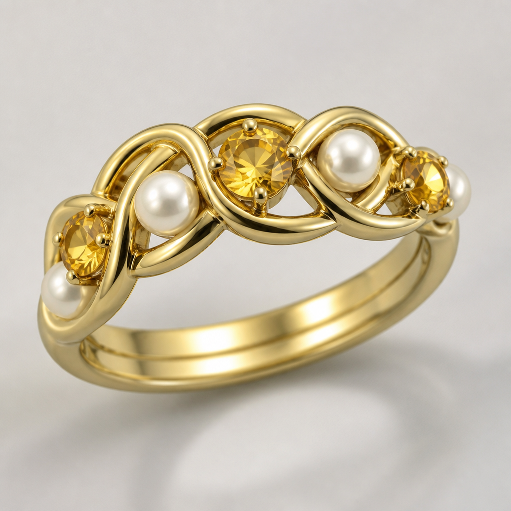 A celtic women's ring suitable for daily wear. make it with yellow Swarovski and white pearls bracelet
photorealistic jewelry design, A celtic women's ring suitable for daily wear. make it with yellow Swarovski and white pearls bracelet, celtic style, just the design no text