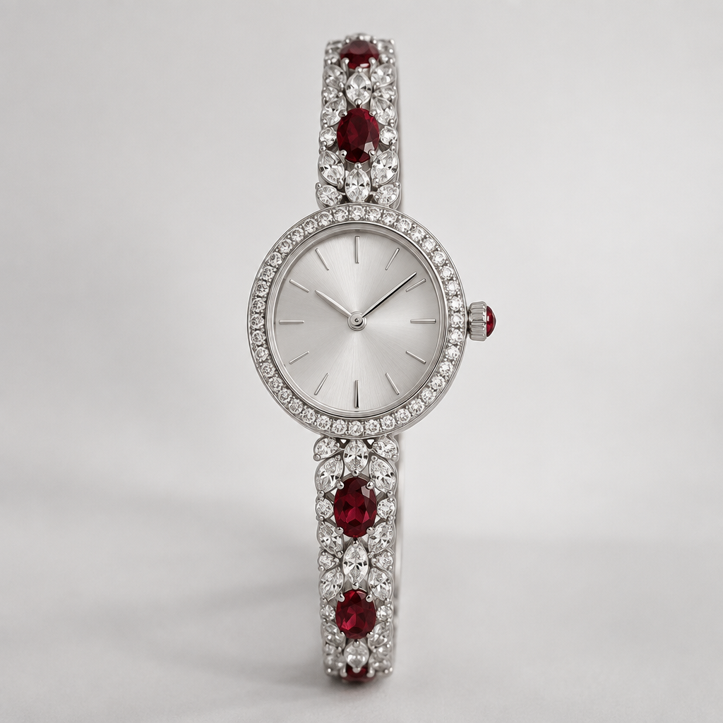 A platinum women's watch made of platinum with ruby and diamond stones suitable for party, minimalist, simple and delicate, clean lines
photorealistic jewelry design, A platinum women's watch made of platinum with ruby and diamond stones suitable for party, minimalist, simple and delicate, clean lines, platinum style, just the design no text