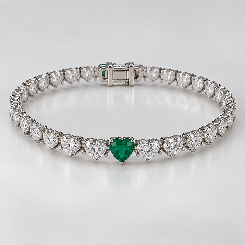 All hearts and one of the hearts is emerald
edit the attached jewelry design with these instructions: All hearts and one of the hearts is emerald. keep it photorealistic, just the design no text