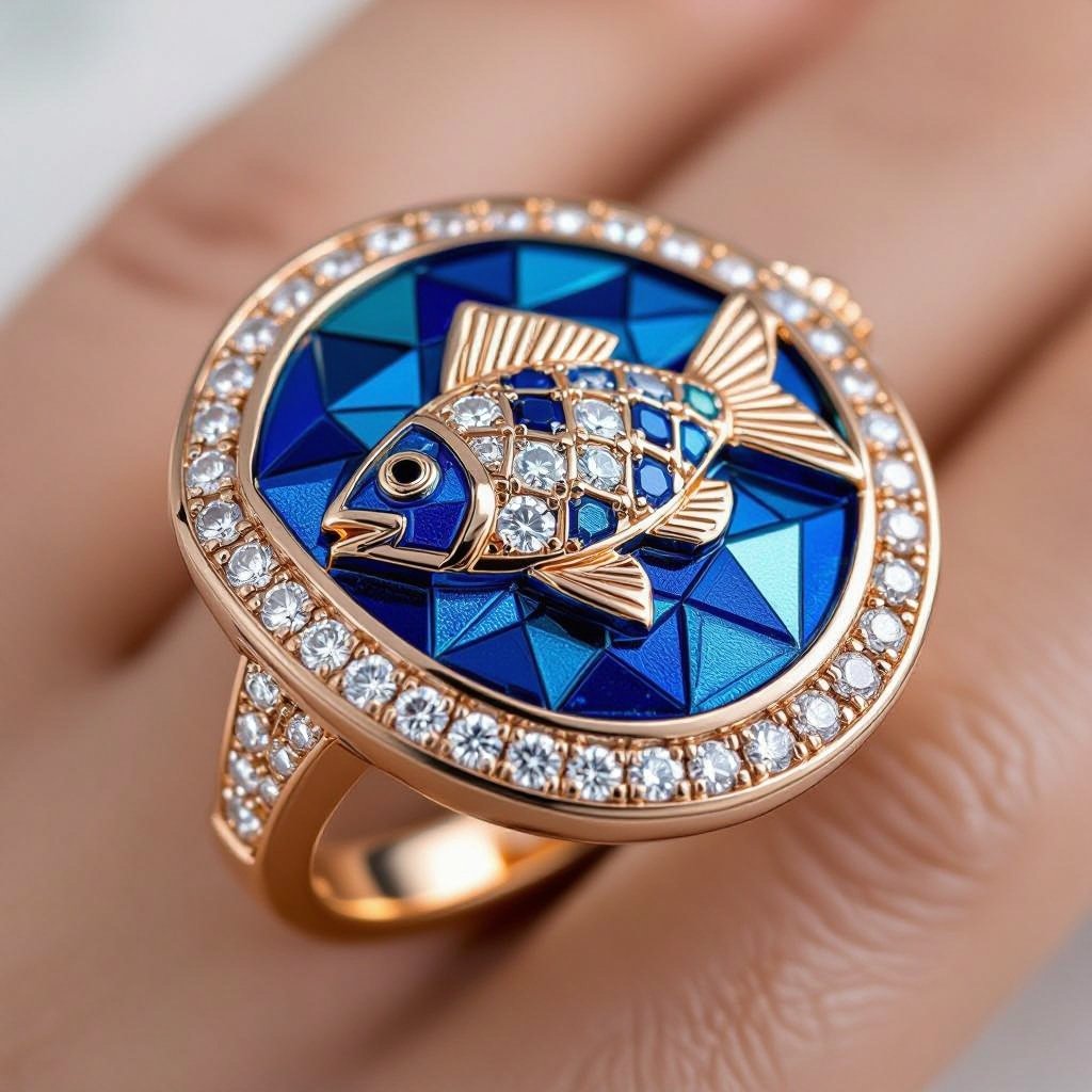 Create pendant Pendant of different colors Geomatric edge of diamonds shaded of fish element in water background and vibes Rose gold ring, geometric diamonds, bezel set. Fish motif, blue enamel.