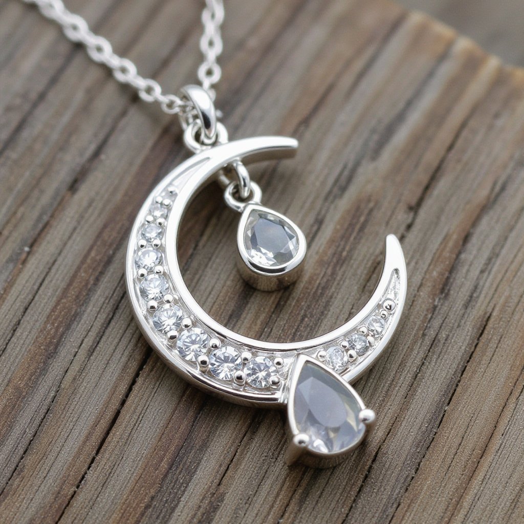 Луна полумесяцем с мелкими камушками и маленький в виде кристала лунный камень подвеска