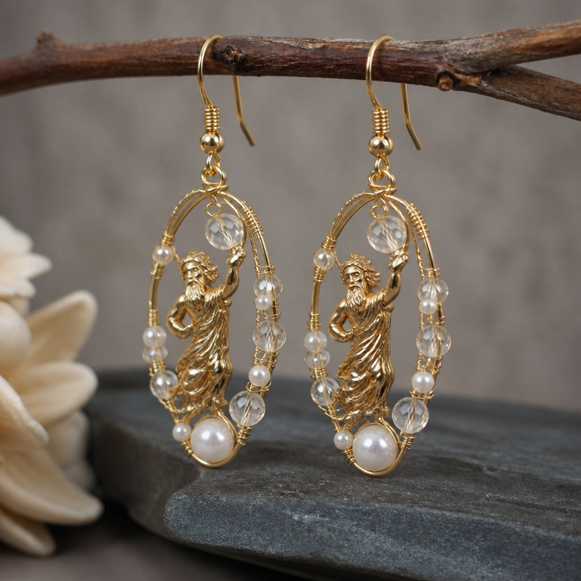 A mythological women's earrings suitable for daily wear. zues, beautiful bead, crystal bead and wire earrings
using the attached image as a visual reference, create A mythological women's earrings suitable for daily wear. zues, beautiful bead, crystal bead and wire earrings. photorealistic, just the design no text
