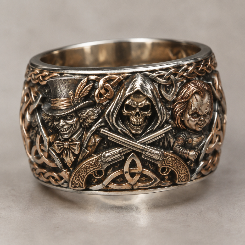 A celtic women's ring made of mixed metal suitable for daily wear, detailed and decorative, moderately ornate. madhatter a reaper and Chucky and 2 pistols crossing
photorealistic jewelry design, A celtic women's ring made of mixed metal suitable for daily wear, detailed and decorative, moderately ornate. madhatter a reaper and Chucky and 2 pistols crossing, celtic style, just the design no text