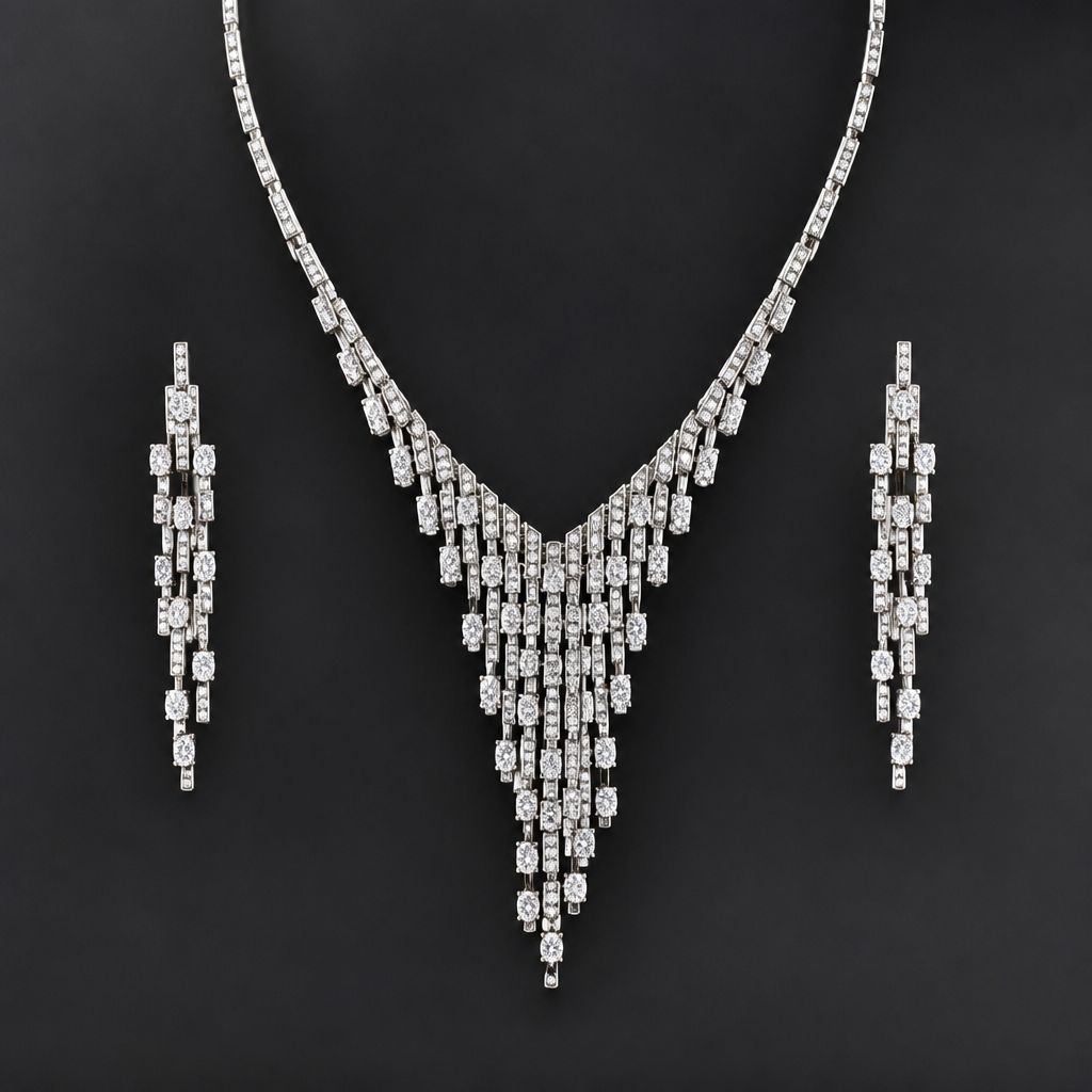 A women's necklace. I want necklace set with waterfall shape
photorealistic jewelry design, A women's necklace. I want necklace set with waterfall shape, modern style, just the design no text