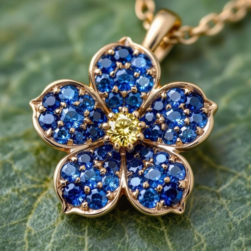 Create a forget me not flower pendant.  The petals are formed using paved light blue sapphires.  The center stone is 1 yellow diamonds 