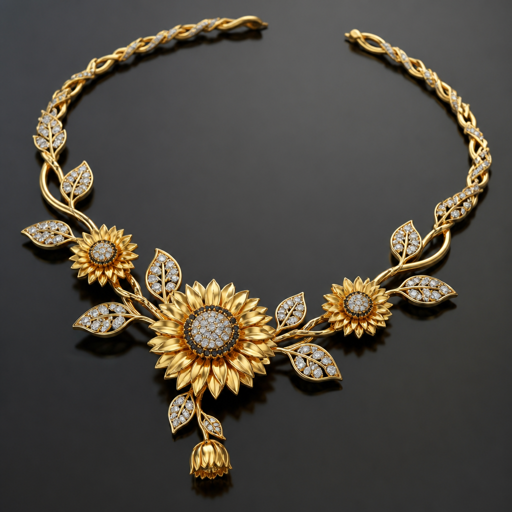 Sunflowers and diamonds
photorealistic jewelry design, Sunflowers and diamonds, nature_inspired style, just the design no text