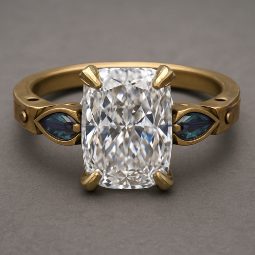 2 carat elongated cushion cut diamond engagement ring with double claw prongs in yellow gold ring with marquise shaped alexandrite side stones 