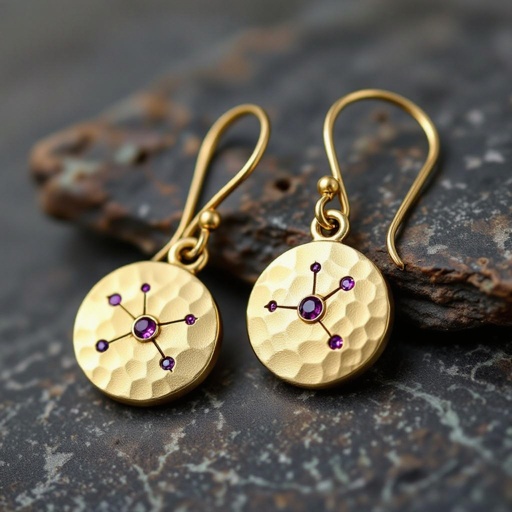 Серьги матовое золото мятое. Символ схематично созвездие. Маленькие фиолетовые камушки