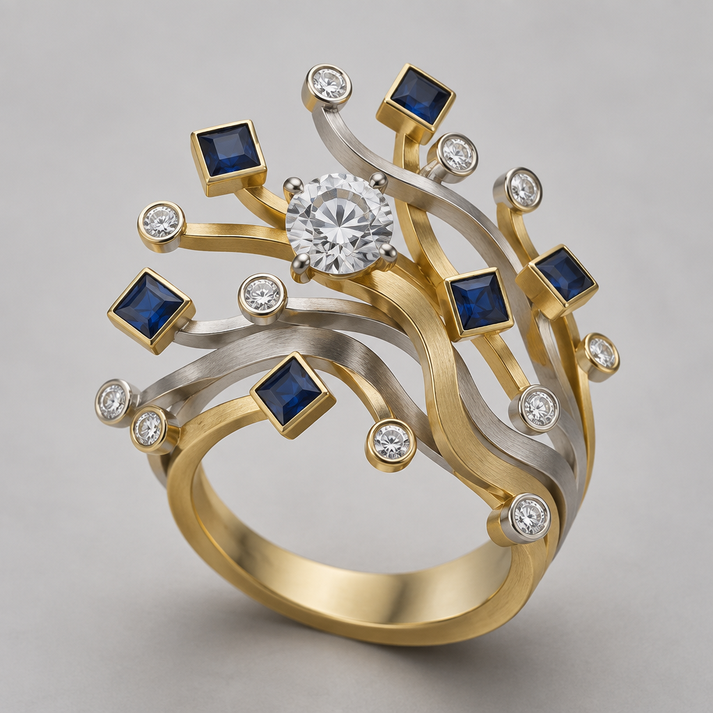 A cocktail women's ring made of mixed metal with diamond and sapphire stones. design ring using 33 .10 carat diamonds, 7 .10 carat square sapphires, and one .50 carat round diamond. metals should be white and yellow gold with a matte finish. do not cluster gems. gems should float over the band
photorealistic jewelry design, A cocktail women's ring made of mixed metal with diamond and sapphire stones. design ring using 33 .10 carat diamonds, 7 .10 carat square sapphires, and one .50 carat round diamond. metals should be white and yellow gold with a matte finish. do not cluster gems. gems should float over the band, cocktail style, just the design no text