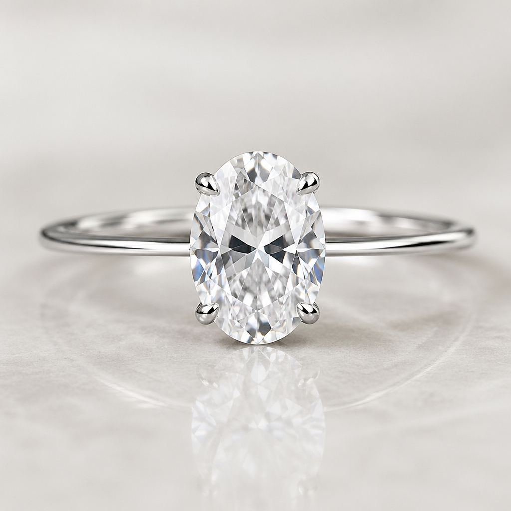 A women's ring. A very delicate and simple silver ring with one large oval clear gemstone. Minimalist solitaire style with thin claws to let the light shine through the stone."
photorealistic jewelry design, A women's ring. A very delicate and simple silver ring with one large oval clear gemstone. Minimalist solitaire style with thin claws to let the light shine through the stone.", modern style, just the design no text