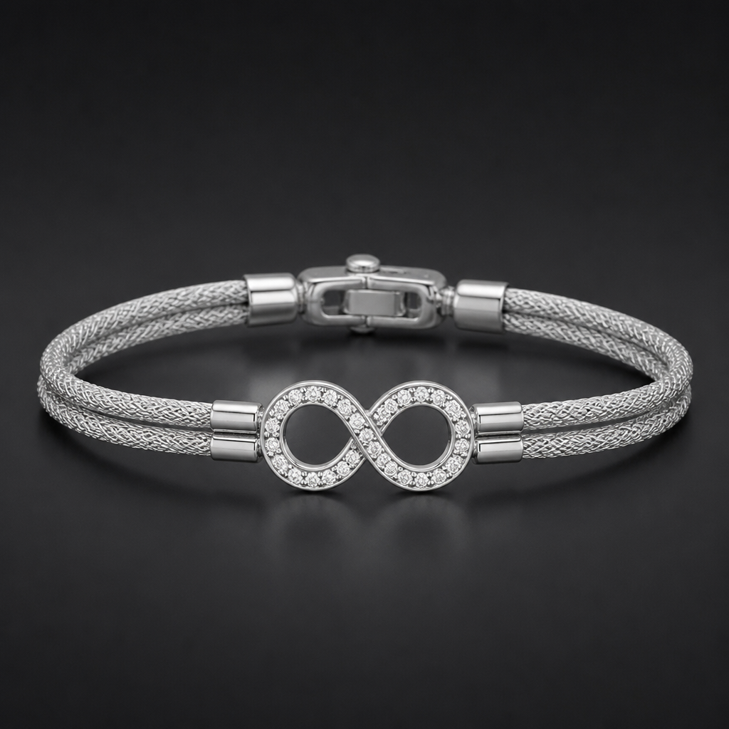 I want you to make me a bracelet from two separate ropes that connect in two loops that form the number 8, set with diamonds.
photorealistic jewelry design, I want you to make me a bracelet from two separate ropes that connect in two loops that form the number 8, set with diamonds., modern style, just the design no text