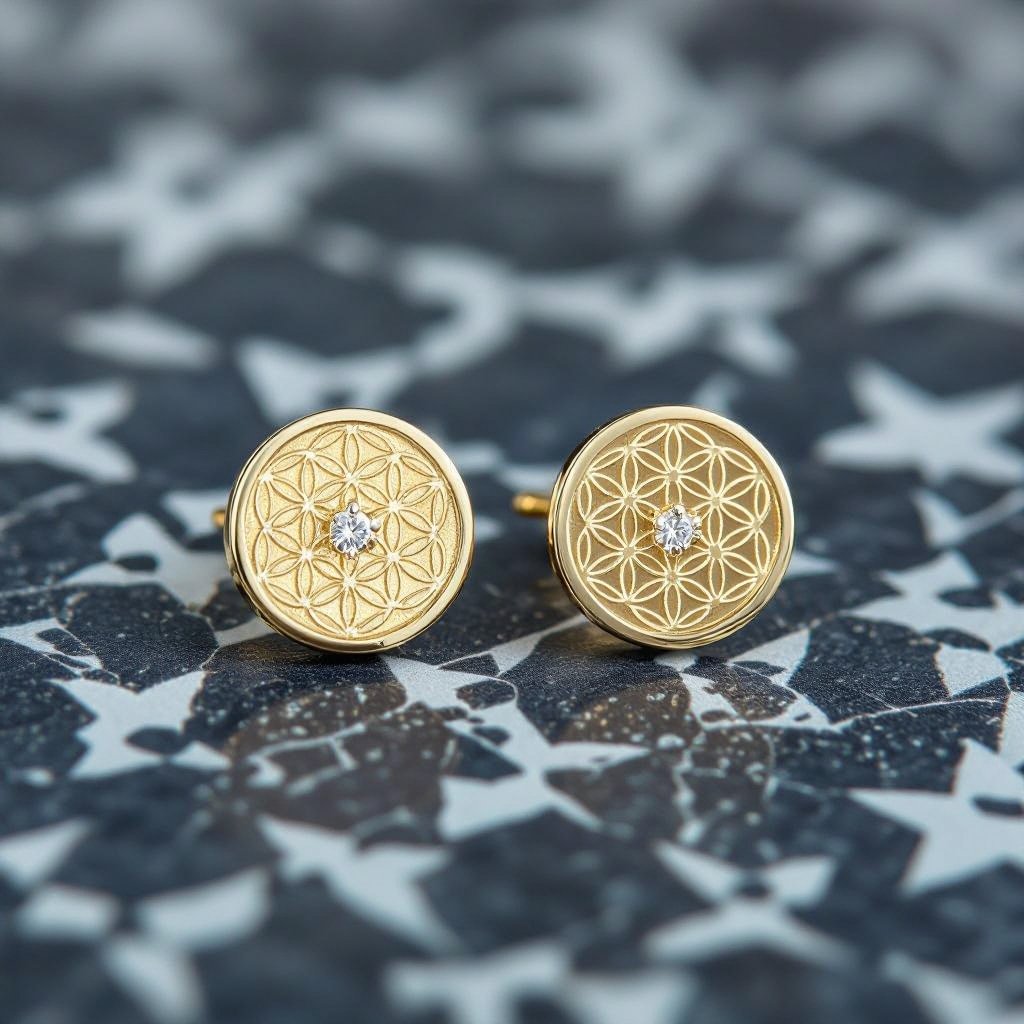 Пуссеты винтовой замок круглый символ цветка жизни с маленьким фианитом по центру