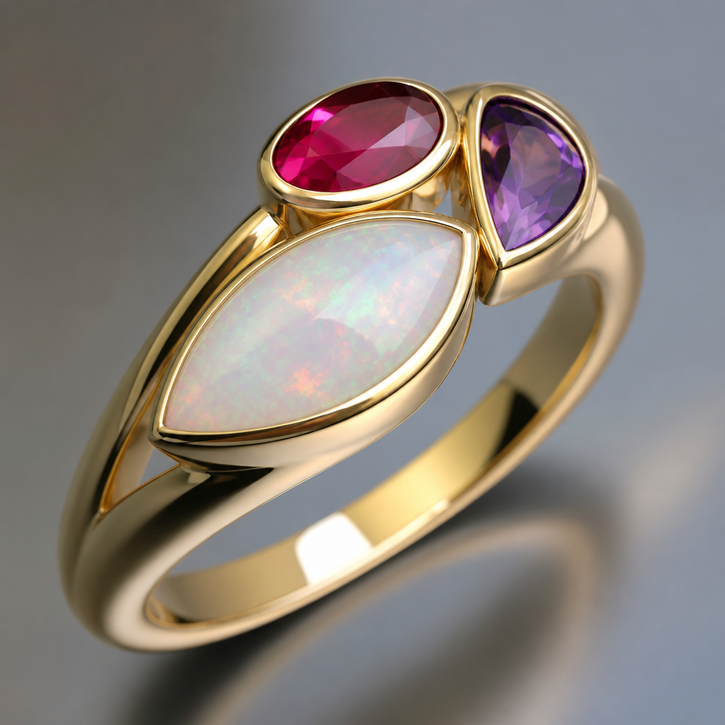 A women's ring made of gold with ruby and amethyst and opal stones. un anillo
photorealistic jewelry design, A women's ring made of gold with ruby and amethyst and opal stones. un anillo, modern style, just the design no text