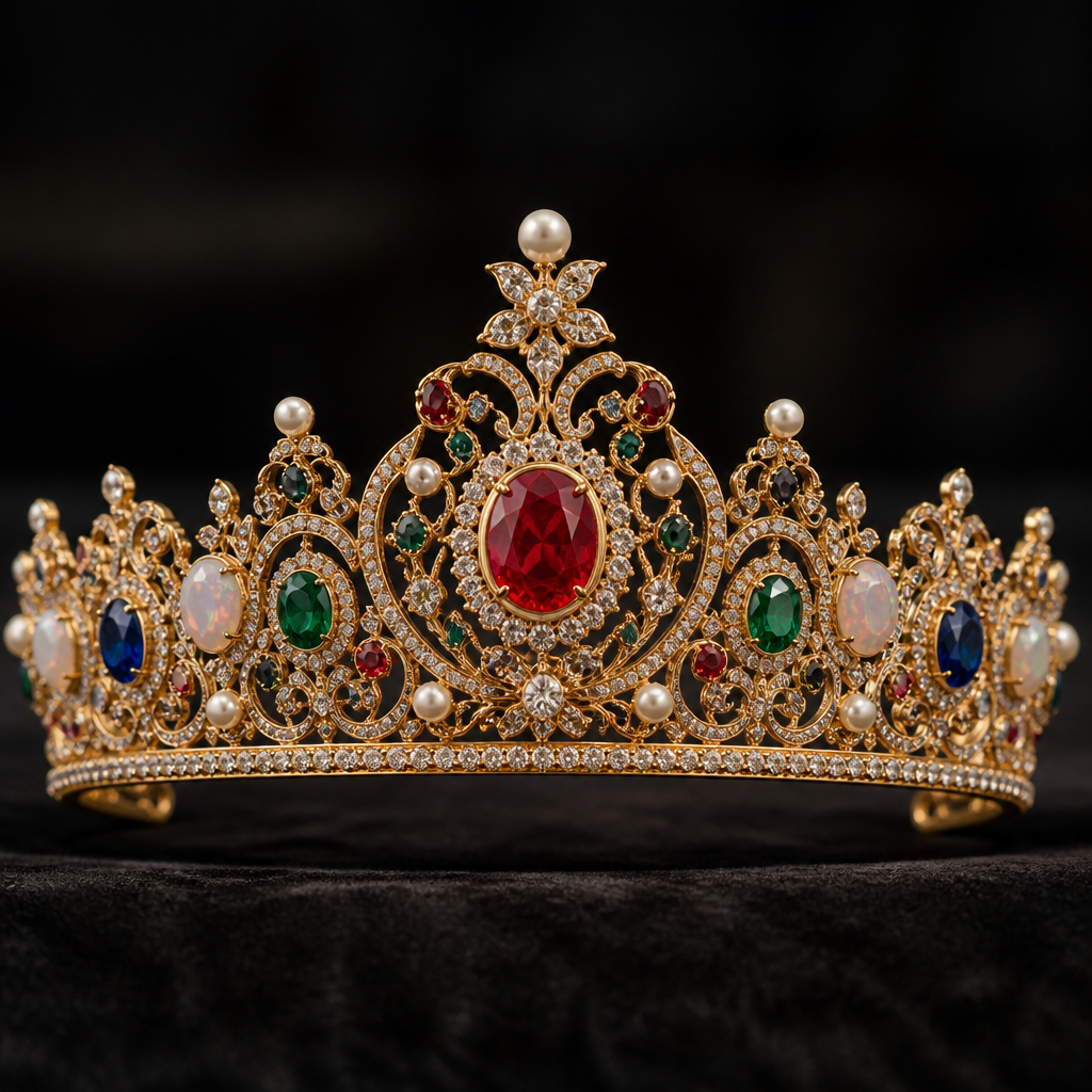 A royal women's tiara made of gold with diamond and ruby and pearl and emerald and sapphire and opal stones suitable for birthday
photorealistic jewelry design, A royal women's tiara made of gold with diamond and ruby and pearl and emerald and sapphire and opal stones suitable for birthday, royal style, just the design no text