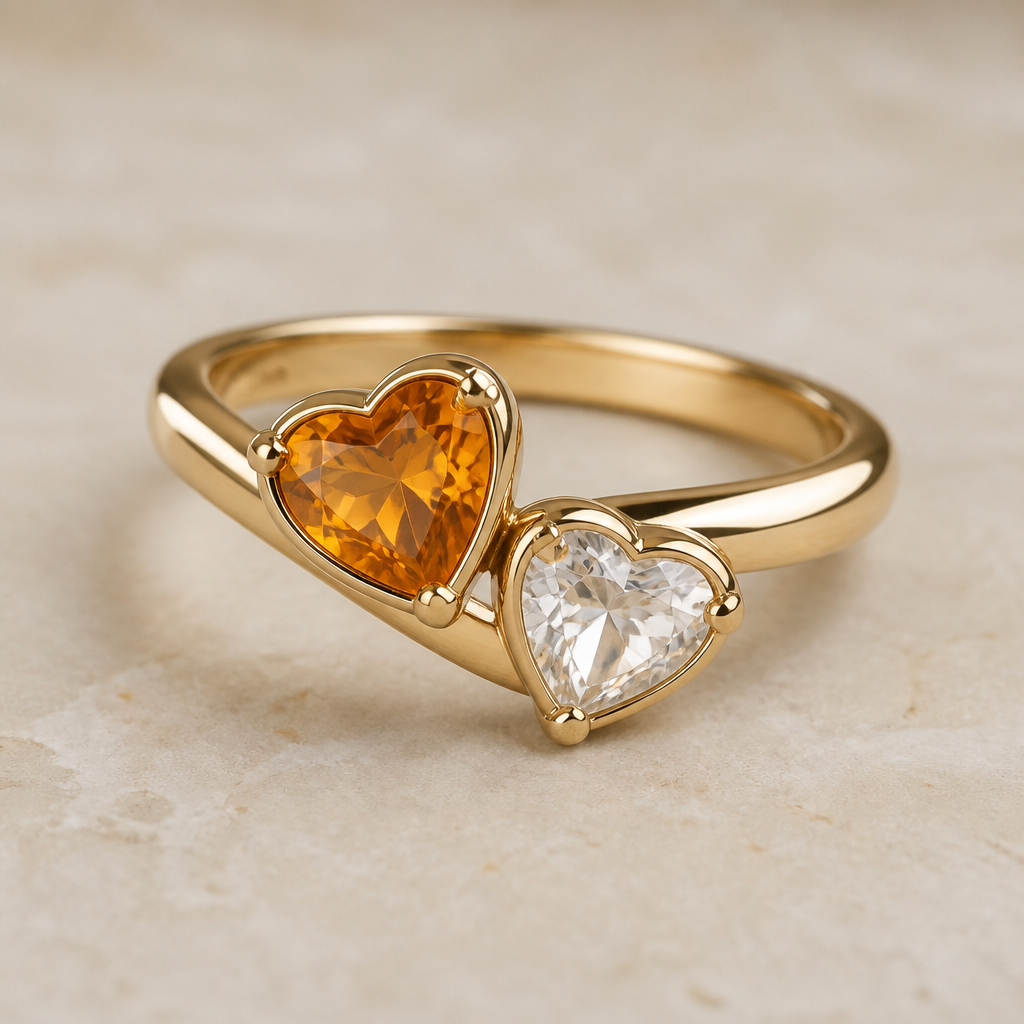 A women's ring. design a ring that will look greate on a size 6 finger with two heart stones being 2ct, the one heart is an orange sapphire and the other heart is an crystal quartz and the band must be gold make it so that it won't catch on stuff
photorealistic jewelry design, A women's ring. design a ring that will look greate on a size 6 finger with two heart stones being 2ct, the one heart is an orange sapphire and the other heart is an crystal quartz and the band must be gold make it so that it won't catch on stuff, modern style, just the design no text