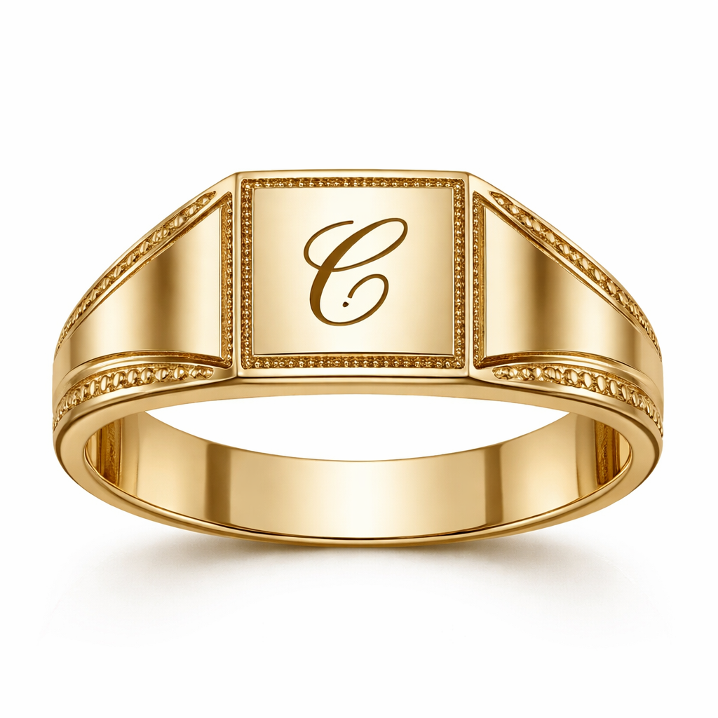 A classic men's ring made of gold. la parte triángular hazla las fina no tanto pero para q se vea la parte triángular y quita el color negro del cuadrado y pon una C en el medio y en todos los bordes del anillo has este diseño ~•~.
(no le pongas piedras)