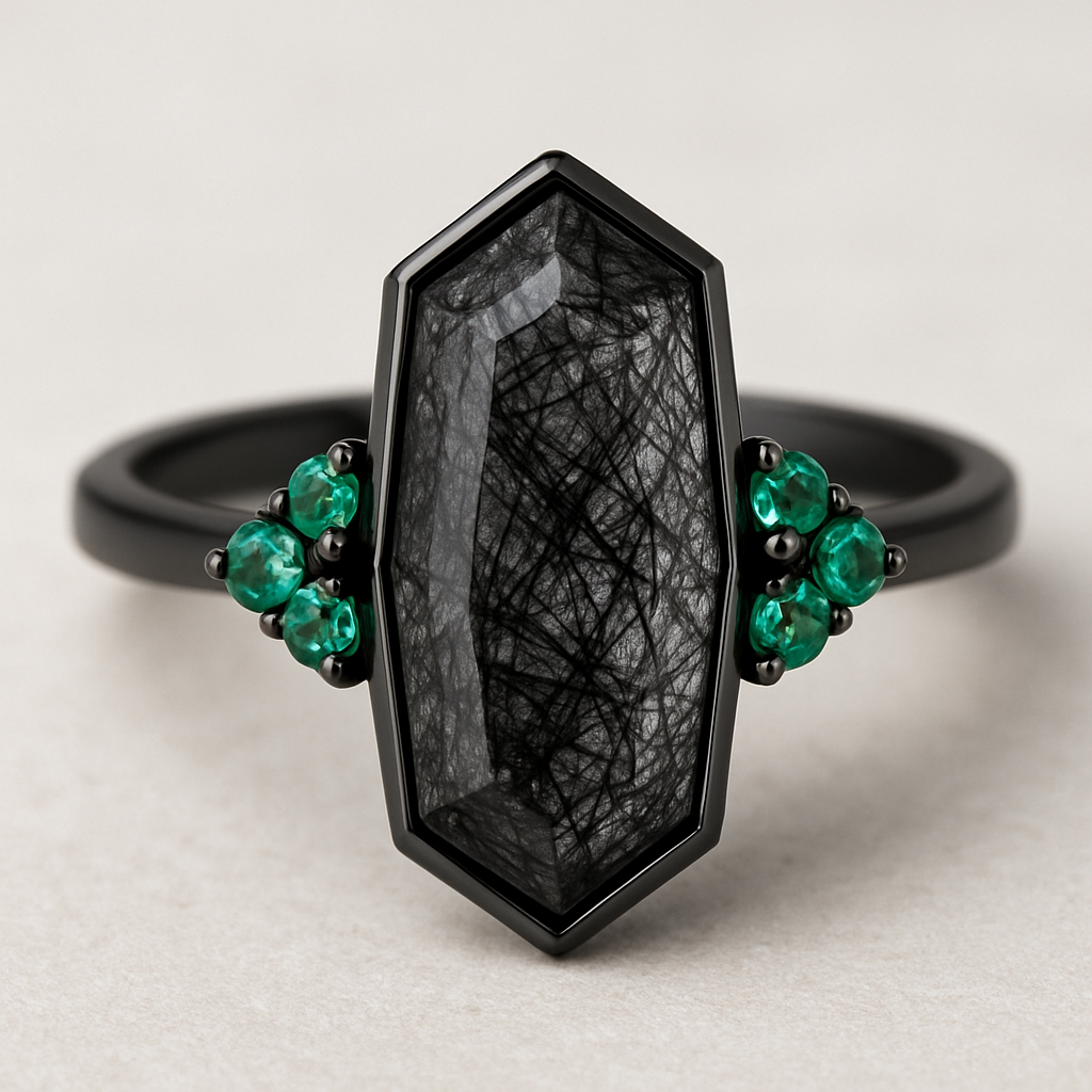 Wedding band to compliment, Black band, medium long hexagon cut rutilated black quartz, emerald accent stones 3 on each side in a cluster 