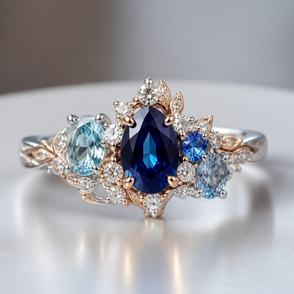 A bespoke/custom women's ring with sapphire and topaz and aquamarine and diamond stones. une bague de fiançailles or blanc et or rose, élégante, qui met en valeur le saphir au milieu, et a côté la topaze et l'aigue marine par nuance de couleurs, les diamants viennent orner les pierres de couleur.
photorealistic jewelry design, A bespoke/custom women's ring with sapphire and topaz and aquamarine and diamond stones. une bague de fiançailles or blanc et or rose, élégante, qui met en valeur le saphir au milieu, et a côté la topaze et l'aigue marine par nuance de couleurs, les diamants viennent orner les pierres de couleur., bespoke_custom style, just the design no text