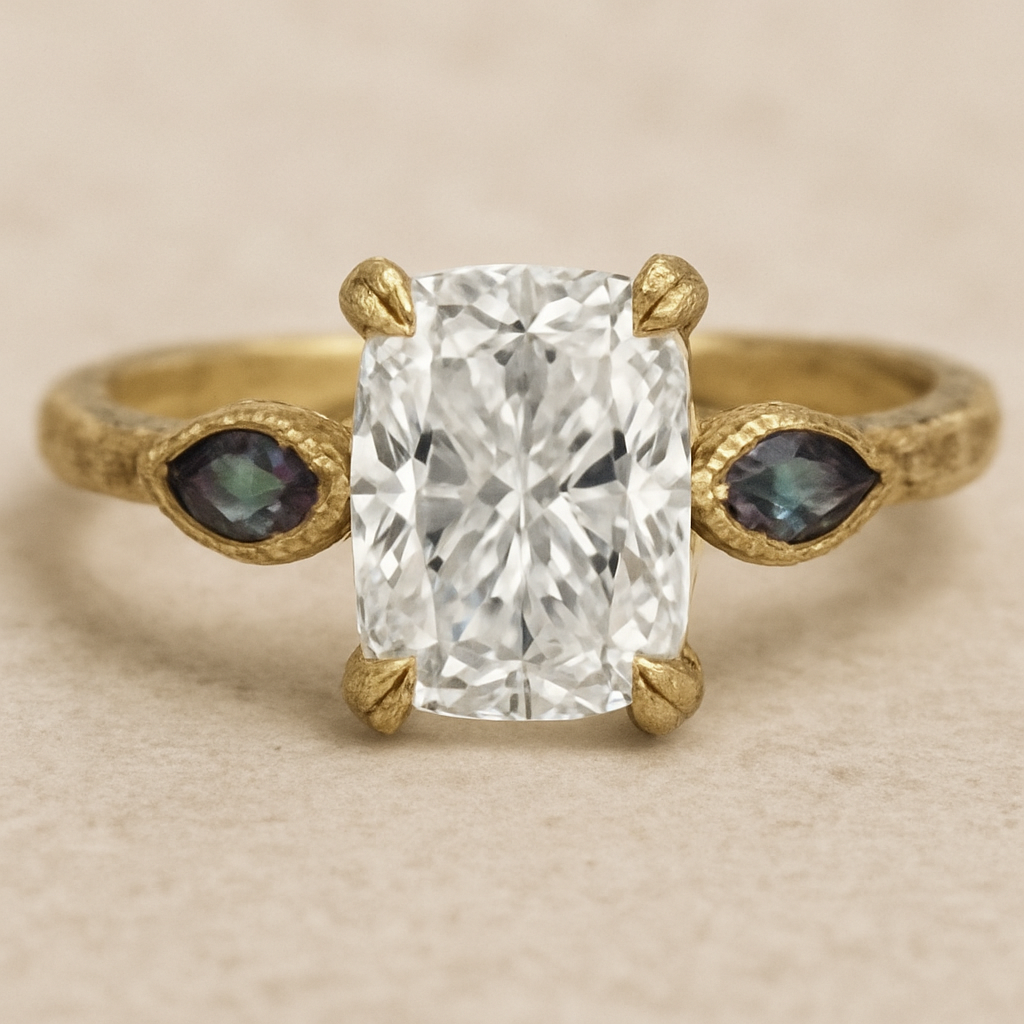 2 carat elongated cushion cut diamond engagement ring with double claw prongs in yellow gold ring with marquise shaped alexandrite side stones