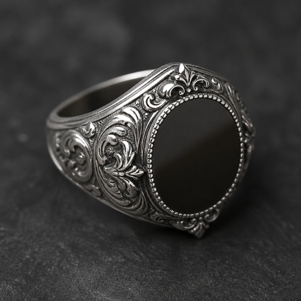 A renaissance men's ring made of silver suitable for daily wear
photorealistic jewelry design, A renaissance men's ring made of silver suitable for daily wear, renaissance style, just the design no text