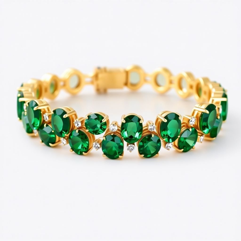 Design a 7” bracelet in 14k yellow gold, with fourteen, 4x2.5mm, oval, green alexandrites, and fourteen, 1.6mm, round diamonds, in between each green stone