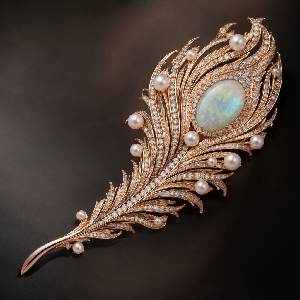 A classic men's brooch made of rose gold with diamond and pearl and opal stones suitable for birthday, highly ornate, intricate and elaborate, richly detailed. peafeather shaped broach
photorealistic jewelry design, A classic men's brooch made of rose gold with diamond and pearl and opal stones suitable for birthday, highly ornate, intricate and elaborate, richly detailed. peafeather shaped broach, classic style, just the design no text