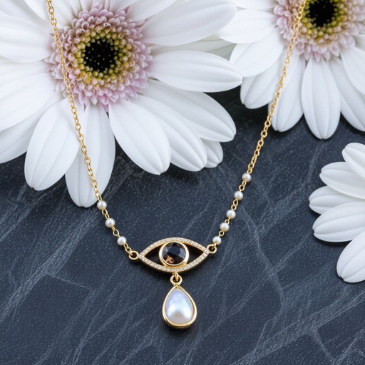 Тонкая цепочка с золотыми шариками и мелкими жемчужными камушками на цепочке есть кулон в форме глаза, зрачок глаза из раухтопаза от глаза идет маленькая подвеска с маленьким камушком 