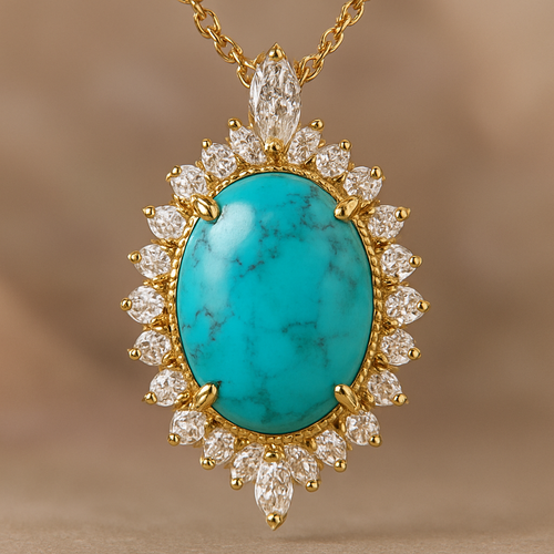 oval turquise pendant usingg pear marquise round diamond