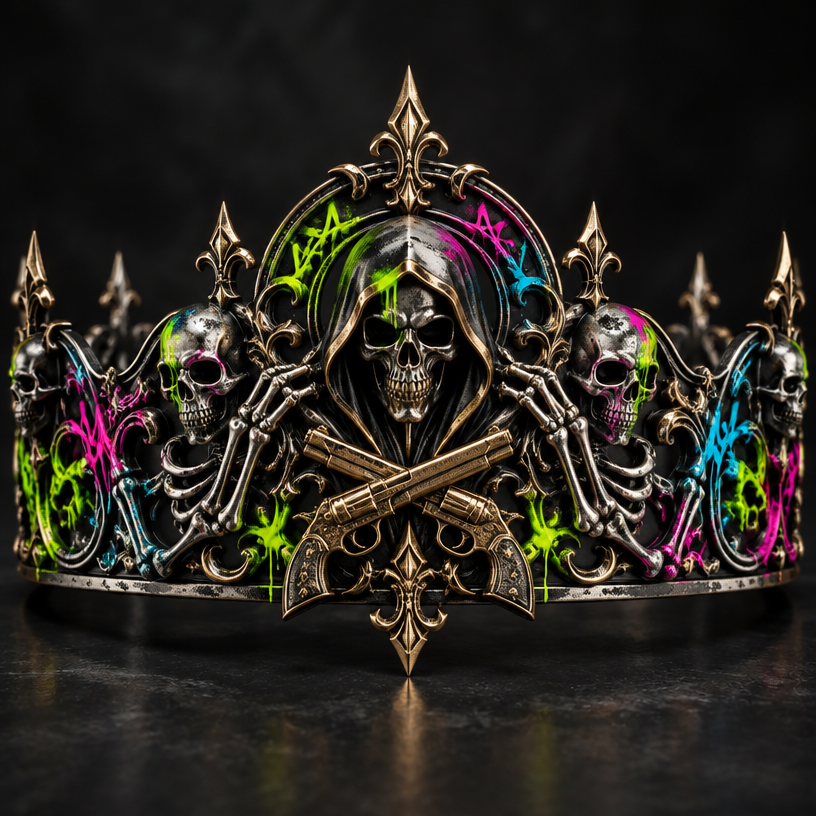 A gothic men's tiara made of mixed metal suitable for formal. a reaper with skeletonswith neon graffiti around the skull and pistols crossing "the family " written in old english
using the attached image as a visual reference, create A gothic men's tiara made of mixed metal suitable for formal. a reaper with skeletonswith neon graffiti around the skull and pistols crossing "the family " written in old english. photorealistic, just the design no text