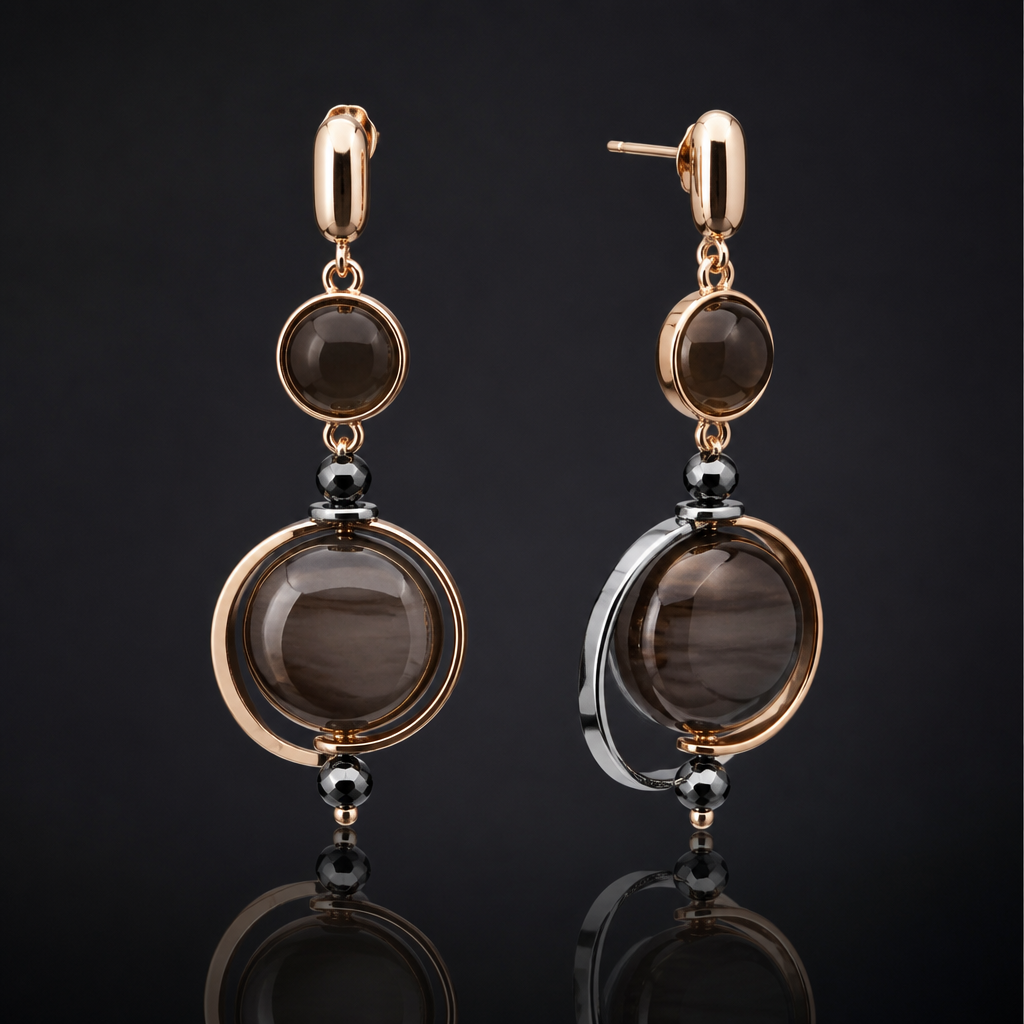 A modern women's earrings made of mixed metal suitable for party. طقم من العقيق البني ، الهيماتايت ، الكوارتز الدخاني ناعم
photorealistic jewelry design, A modern women's earrings made of mixed metal suitable for party. طقم من العقيق البني ، الهيماتايت ، الكوارتز الدخاني ناعم, modern style, just the design no text