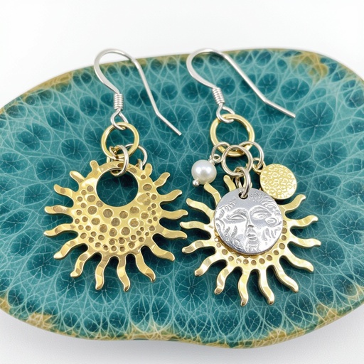 Золотые серьги словно мятое золото в форме горящего солнца с волнистыми лучами, в центре солнца круглая дыра. крепится к застежке серьги. К нижней части солнца крепятся подвески: миниатюрная серебристая луна, очень маленький жемчуг и маленький золотой кружочек с мятым эффектом плоский