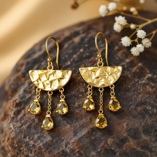 Золотые серьги словно мятое золото в форме узкого изящного полумесяца. Верхушка полумесяца крепится к застежке серьги.  От полумесяца идет три цепочки, у каждой на конце мелкий камушек цитрин