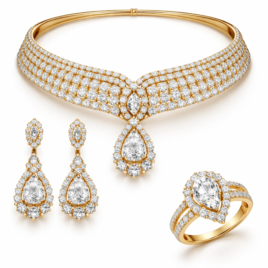 A women's ring made of gold with diamond stones suitable for wedding. a chokar style necklace with diamond
and matching earrings and ring with that
A women's ring made of gold with diamond stones suitable for wedding. a chokar style necklace with diamond
and matching earrings and ring with that, modern style