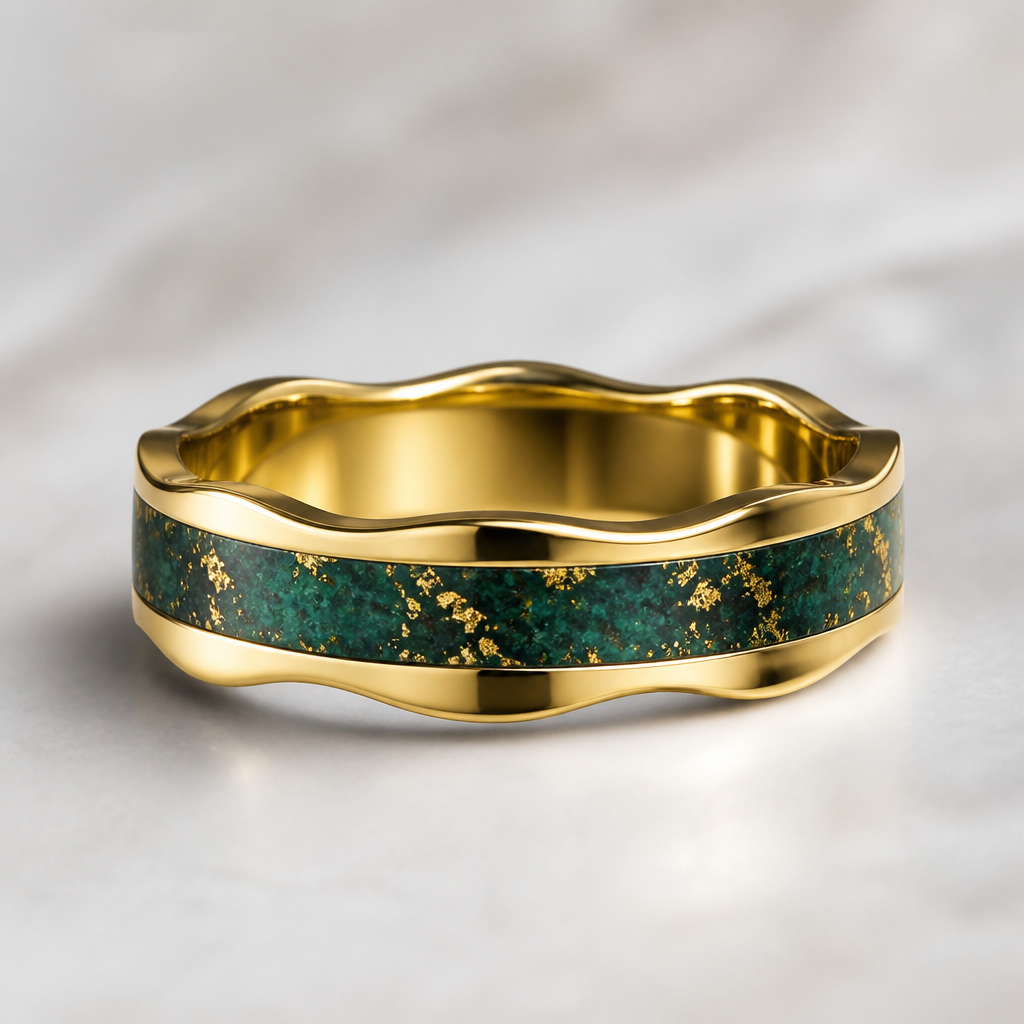 Wavy gold band with emerald marble with gold specs inside the straight lines