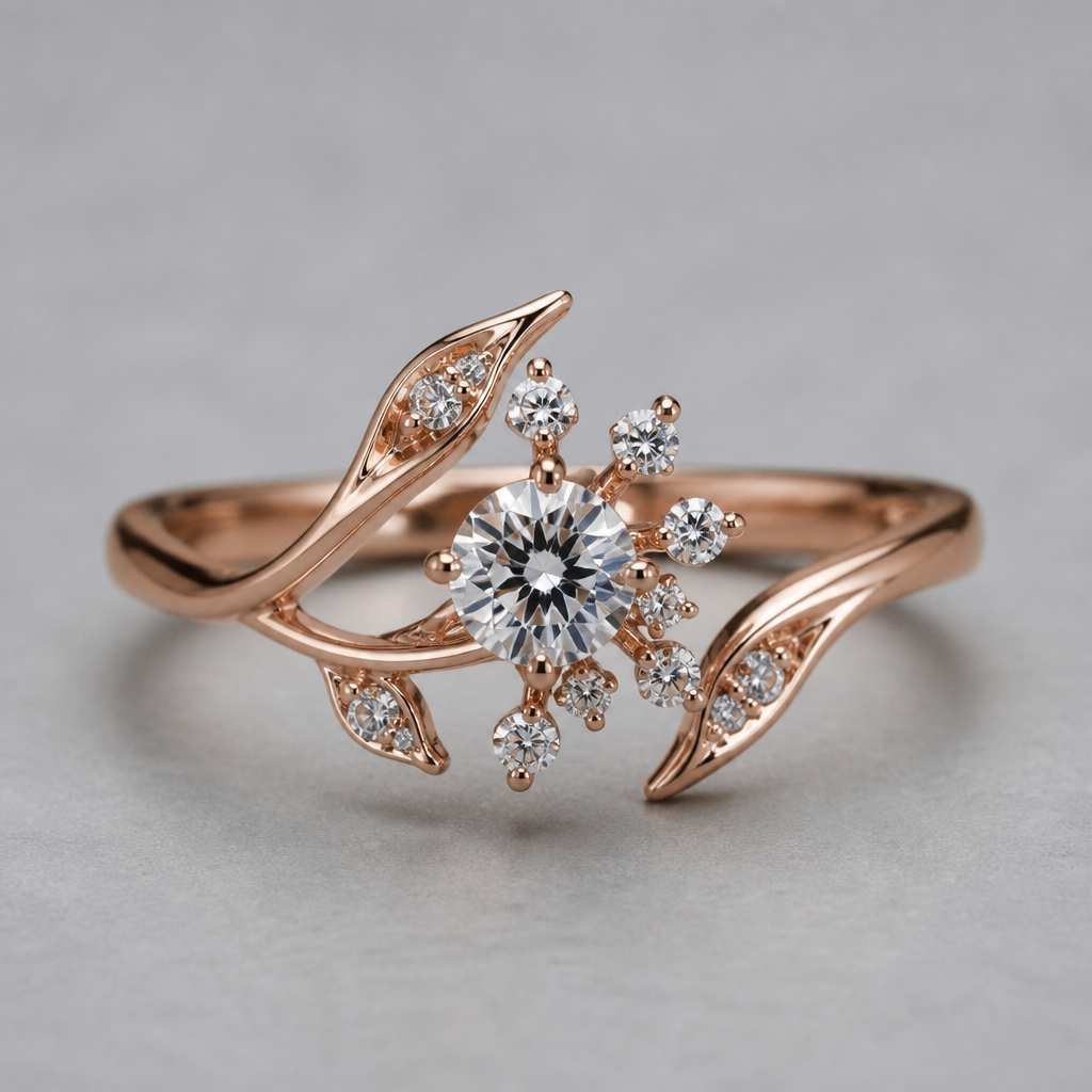 A women's ring. "A rose gold band with an open, asymmetrical design resembling a twisting vine. At the center, a single larger diamond is surrounded by a cluster of smaller diamonds, arranged like a starburst, adding a celestial and unique sparkle to the piece. The overall style is elegant and modern, with a nature-inspired twist."
photorealistic jewelry design, A women's ring. "A rose gold band with an open, asymmetrical design resembling a twisting vine. At the center, a single larger diamond is surrounded by a cluster of smaller diamonds, arranged like a starburst, adding a celestial and unique sparkle to the piece. The overall style is elegant and modern, with a nature-inspired twist.", modern style, just the design no text