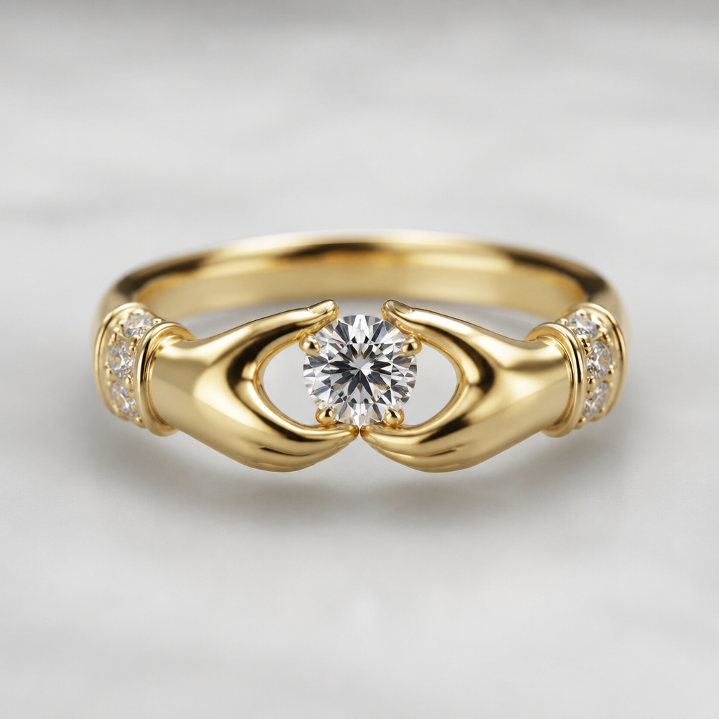 Gold hands holding diamonds ring
photorealistic jewelry design, Gold hands holding diamonds ring, just the design no text