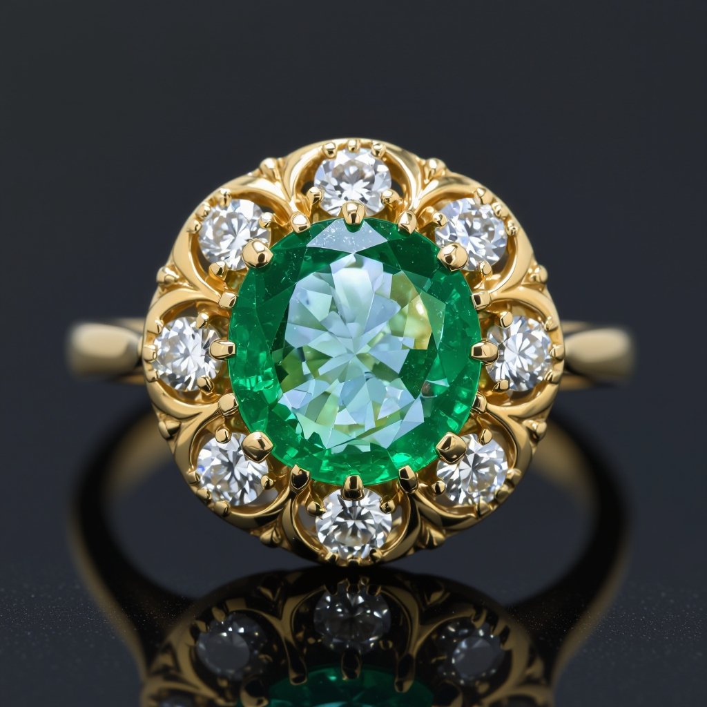 Anillo con Central de esmeralda redonda con 6 diamantes al rededor en oro amarillo 