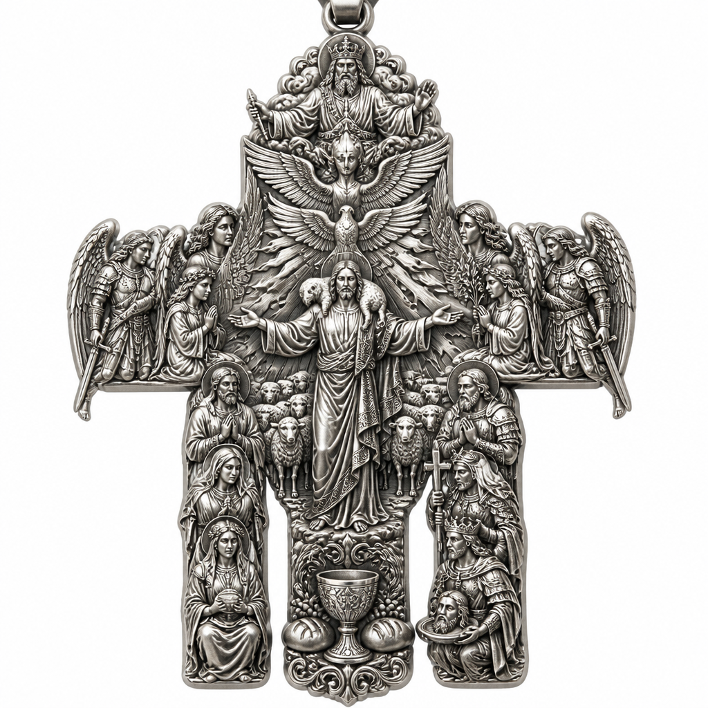A sculptural women's pendant made of silver suitable for festival. An extraordinary excellent beautiful delicate and elegant, super modern Cross, without stones, without background only the Cross, with Jesus Christ as the Good Shepherd with a beautiful delicate and elegant face, with long hair, with a beautiful delicate elegant and fit body, with His hands wide open to receive all of us, with a beautiful delicate elegant and beautifully ornated tunic, with a beautiful delicate and elegant sheep on His shoulders, with a beautiful delicate and elegant flock of beautiful delicate and elegant sheep backward of Him. Over Jesus Christ and the flock to be placed the Holy Spirit as an Angel with a beautiful delicate and elegant face, with long hair, with big wings flying, with a beautiful delicate elegant and fit body, with a beautiful delicate elegant and beautifully ornated tunic under the Angel to be placed a beautiful delicate and elegant dove flying both of them the Angel and the dove to be surrounded by tongues of fire radiating light to Jesus Christ and the flock. Over the Holy Spirit to be placed God the Father with a beautiful delicate and elegant face, with long hair, with a beautiful delicate elegant and fit body, with a beautiful delicate and elegant tunic, with a beautiful delicate and elegant sceptre at His left hand blessing the world with His right hand, with a beautiful delicate elegant and beautifully ornated crown on His head. At the bottom of the Cross to be placed the Holy Communion with a beautiful delicate elegant and beautifully ornated chalice and two breads around the chalice. At the lower right side of the Cross to be stacked one by one Saint John the Baptist with a beautiful delicate elegant and beautifully ornated platter with his head on it. Over Saint John the Baptist to be placed Saint Constantine with a beautiful delicate and elegant face, with long hair, with a beautiful delicate and elegant crown on his head, with a beautiful delicate elegant and fit body, with a beautiful delicate and elegant armour holding a beautiful delicate elegant and beautifully ornated Cross. Over Saint Constantine to be placed Saint George with a beautiful delicate and elegant face, with long hair, with a beautiful delicate elegant and beautifully ornated helmet with a beautiful delicate elegant and fit body, with a beautiful delicate elegant and beautifully ornated armour, holding a beautiful delicate and elegant sword with his right hand at low position and near the floor giving respect to the Holy Trinity and Praying. Over Saint George to be placed Saint Peter the Apostle Praying. At the left lower side of the Cross to be placed stacked Saint Paraskevi with a beautiful delicate and elegant face, with long hair, with a beautiful delicate elegant and beautifully curved body, with a beautiful delicate elegant and beautifully ornated tunic holding a bowl with two eyes in it. Over Saint Paraskevi to be placed Saint Irene with a beautiful delicate and elegant face, with long hair, with a beautiful delicate elegant and beautifully ornated wreath on her head, with a beautiful delicate elegant and beautifully curved body, with a beautiful delicate elegant and beautifully ornated tunic Praying. Over Saint Irene to be placed Virgo Maria with a beautiful delicate and elegant face, with beautifully ornated long hair, with a beautiful delicate elegant and beautifully curved body, with a beautiful delicate elegant and beautifully ornated tunic Praying. Over Virgo Maria to be placed Saint Paul the Apostle Praying. At the right side of the Cross to be placed Saint Michael the Archangel with a beautiful delicate and elegant face, with long hair, with a beautiful delicate elegant and beautifully ornated helmet, with a beautiful delicate elegant and fit body, with big wings flying, with a beautiful delicate elegant and beautifully ornated armour, holding His beautiful delicate elegant and beautifully ornated sword low to the ground giving respect to the Holy Trinity and Praying. In front of Saint Michael the Archangel to be placed Saint Gabriel the Archangel with a beautiful delicate and elegant face, with long hair, with a beautiful delicate elegant and beautifully ornated helmet on His head, with a beautiful delicate elegant and fit body, with big wings flying, with a beautiful delicate elegant and beautifully ornated armour, holding a beautiful delicate elegant and beautifully ornated bucket of lilyes and Praying. At the left side of the Cross to be placed Saint Rafael the Archangel with a beautiful delicate and elegant face, with long hair, with a beautiful delicate elegant and beautifully ornated helmet, with a beautiful delicate elegant and fit body, with big wings flying, with a beautiful delicate elegant and beautifully ornated armour, holding a beautiful delicate elegant and beautifully ornated sword with his right hand low giving respect to the Holy Trinity and Praying. In front of Saint Rafael the Archangel to be placed the Guardian Angel with a beautiful delicate and elegant face, with long hair, with a beautiful delicate elegant and beautifully ornated with flowers wreath on His head, with a beautiful delicate elegant and fit body, with a beautiful delicate elegant and beautifully ornated tunic Praying. Make all the Angels, the Saints, God the Father, the Holy Spirit and Jesus Christ and the flock as statues.
photorealistic jewelry design, A sculptural women's pendant made of silver suitable for festival. An extraordinary excellent beautiful delicate and elegant, super modern Cross, without stones, without background only the Cross, with Jesus Christ as the Good Shepherd with a beautiful delicate and elegant face, with long hair, with a beautiful delicate elegant and fit body, with His hands wide open to receive all of us, with a beautiful delicate elegant and beautifully ornated tunic, with a beautiful delicate and elegant sheep on His shoulders, with a beautiful delicate and elegant flock of beautiful delicate and elegant sheep backward of Him. Over Jesus Christ and the flock to be placed the Holy Spirit as an Angel with a beautiful delicate and elegant face, with long hair, with big wings flying, with a beautiful delicate elegant and fit body, with a beautiful delicate elegant and beautifully ornated tunic under the Angel to be placed a beautiful delicate and elegant dove flying both of them the Angel and the dove to be surrounded by tongues of fire radiating light to Jesus Christ and the flock. Over the Holy Spirit to be placed God the Father with a beautiful delicate and elegant face, with long hair, with a beautiful delicate elegant and fit body, with a beautiful delicate and elegant tunic, with a beautiful delicate and elegant sceptre at His left hand blessing the world with His right hand, with a beautiful delicate elegant and beautifully ornated crown on His head. At the bottom of the Cross to be placed the Holy Communion with a beautiful delicate elegant and beautifully ornated chalice and two breads around the chalice. At the lower right side of the Cross to be stacked one by one Saint John the Baptist with a beautiful delicate elegant and beautifully ornated platter with his head on it. Over Saint John the Baptist to be placed Saint Constantine with a beautiful delicate and elegant face, with long hair, with a beautiful delicate and elegant crown on his head, with a beautiful delicate elegant and fit body, with a beautiful delicate and elegant armour holding a beautiful delicate elegant and beautifully ornated Cross. Over Saint Constantine to be placed Saint George with a beautiful delicate and elegant face, with long hair, with a beautiful delicate elegant and beautifully ornated helmet with a beautiful delicate elegant and fit body, with a beautiful delicate elegant and beautifully ornated armour, holding a beautiful delicate and elegant sword with his right hand at low position and near the floor giving respect to the Holy Trinity and Praying. Over Saint George to be placed Saint Peter the Apostle Praying. At the left lower side of the Cross to be placed stacked Saint Paraskevi with a beautiful delicate and elegant face, with long hair, with a beautiful delicate elegant and beautifully curved body, with a beautiful delicate elegant and beautifully ornated tunic holding a bowl with two eyes in it. Over Saint Paraskevi to be placed Saint Irene with a beautiful delicate and elegant face, with long hair, with a beautiful delicate elegant and beautifully ornated wreath on her head, with a beautiful delicate elegant and beautifully curved body, with a beautiful delicate elegant and beautifully ornated tunic Praying. Over Saint Irene to be placed Virgo Maria with a beautiful delicate and elegant face, with beautifully ornated long hair, with a beautiful delicate elegant and beautifully curved body, with a beautiful delicate elegant and beautifully ornated tunic Praying. Over Virgo Maria to be placed Saint Paul the Apostle Praying. At the right side of the Cross to be placed Saint Michael the Archangel with a beautiful delicate and elegant face, with long hair, with a beautiful delicate elegant and beautifully ornated helmet, with a beautiful delicate elegant and fit body, with big wings flying, with a beautiful delicate elegant and beautifully ornated armour, holding His beautiful delicate elegant and beautifully ornated sword low to the ground giving respect to the Holy Trinity and Praying. In front of Saint Michael the Archangel to be placed Saint Gabriel the Archangel with a beautiful delicate and elegant face, with long hair, with a beautiful delicate elegant and beautifully ornated helmet on His head, with a beautiful delicate elegant and fit body, with big wings flying, with a beautiful delicate elegant and beautifully ornated armour, holding a beautiful delicate elegant and beautifully ornated bucket of lilyes and Praying. At the left side of the Cross to be placed Saint Rafael the Archangel with a beautiful delicate and elegant face, with long hair, with a beautiful delicate elegant and beautifully ornated helmet, with a beautiful delicate elegant and fit body, with big wings flying, with a beautiful delicate elegant and beautifully ornated armour, holding a beautiful delicate elegant and beautifully ornated sword with his right hand low giving respect to the Holy Trinity and Praying. In front of Saint Rafael the Archangel to be placed the Guardian Angel with a beautiful delicate and elegant face, with long hair, with a beautiful delicate elegant and beautifully ornated with flowers wreath on His head, with a beautiful delicate elegant and fit body, with a beautiful delicate elegant and beautifully ornated tunic Praying. Make all the Angels, the Saints, God the Father, the Holy Spirit and Jesus Christ and the flock as statues., sculptural style, just the design no text