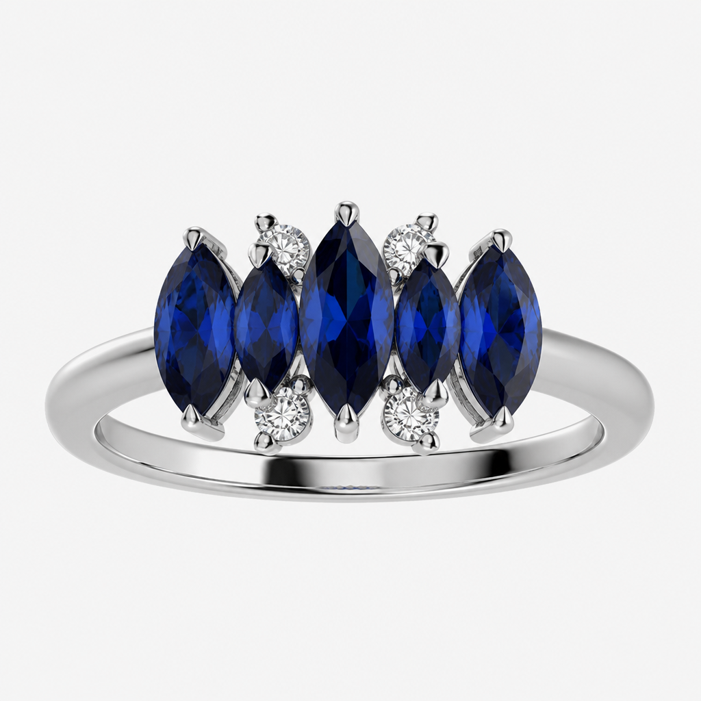 5 marquee sapphires
8 diamonds
14k white gold
photorealistic jewelry design, 5 marquee sapphires
8 diamonds
14k white gold, just the design no text