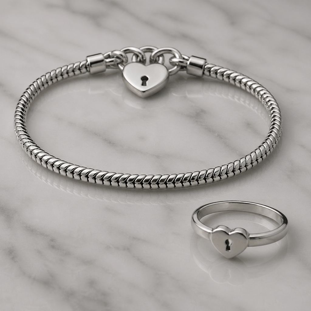 A women's ring. bracelet with spigna chain smooth with heart lock in silvwr metal
photorealistic jewelry design, A women's ring. bracelet with spigna chain smooth with heart lock in silvwr metal, modern style, just the design no text