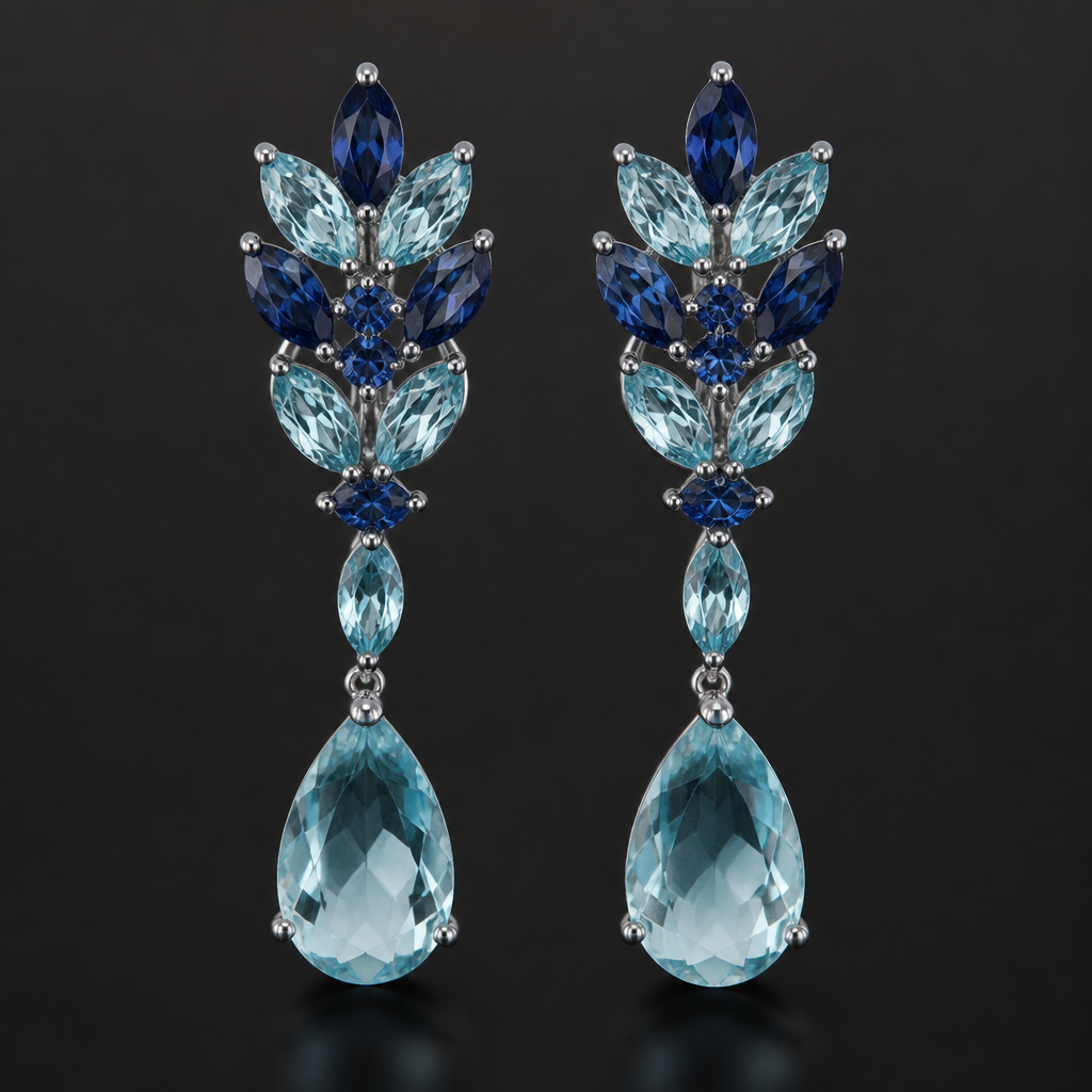 A cocktail women's earrings with aquamarine and sapphire stones suitable for formal
photorealistic jewelry design, A cocktail women's earrings with aquamarine and sapphire stones suitable for formal, cocktail style, just the design no text