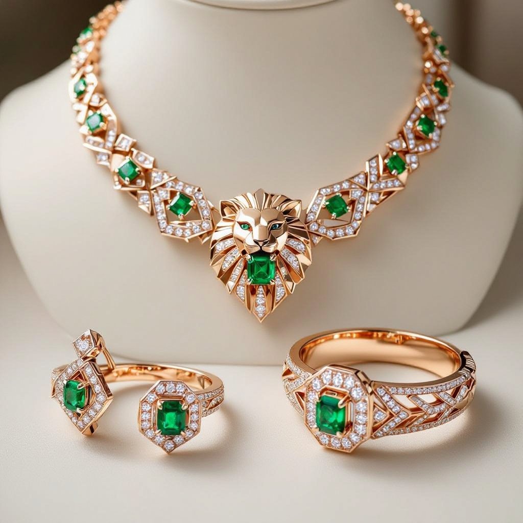 Necklace and ring and bracelet and Earrings set of Lion king edges Geometric lion ring of rose gold and white goldGeomatricw lion of architecture shape and edge of diamonds and emerlad of rose gold 