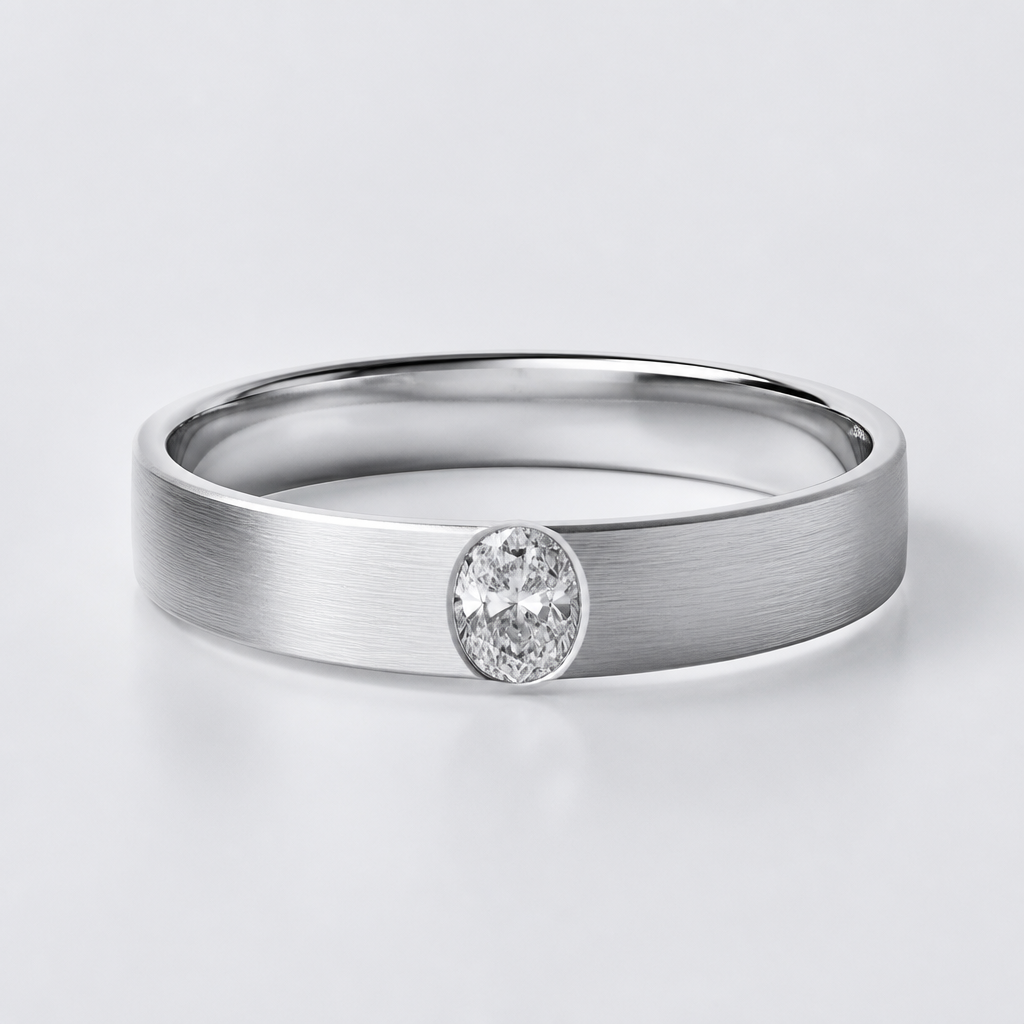 A minimalist men's ring with diamond stones suitable for wedding, ultra-minimalist, very simple and clean, understated, no embellishments. A 0.70-carat oval diamond is used as the center stone.
photorealistic jewelry design, A minimalist men's ring with diamond stones suitable for wedding, ultra-minimalist, very simple and clean, understated, no embellishments. A 0.70-carat oval diamond is used as the center stone., minimalist style, just the design no text