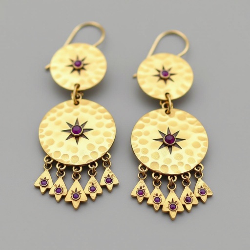 Серьги длинные на цепочках матовое золото мятое. Символ схематично созвездие. Маленькие фиолетовые камушки