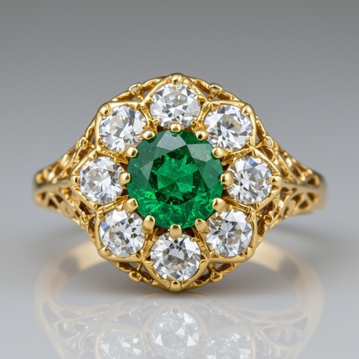 Anillo en oro con esmeralda trapiche redonda y solo 6 diamantes al rededor que tibuje un hexágono en el metal